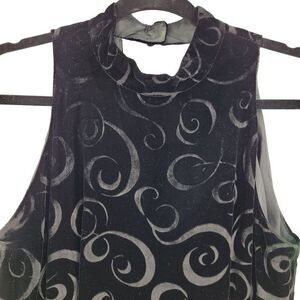 Vintage 80s Black Burnout Velvet Gown 10 Sleeveless Open Back Chocker Midi Swirl